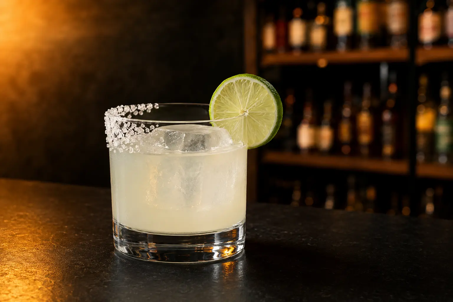 Sueños Classic Margarita over ice with a half salt rim and lime wheel