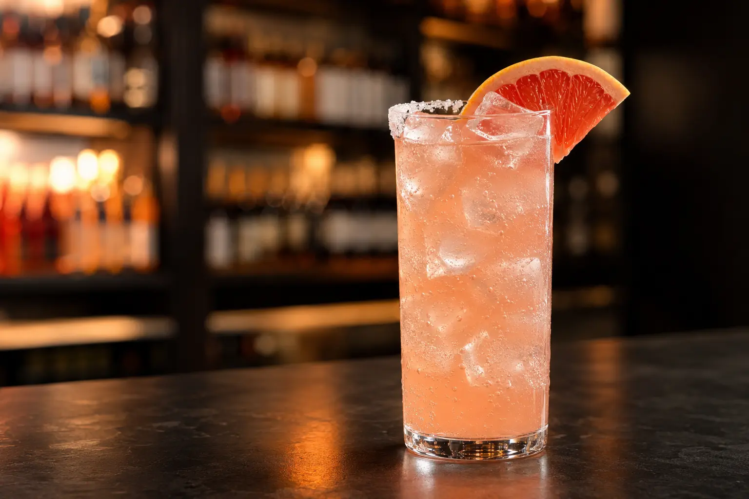 Blush pink Sueños Paloma with ice, a salt rim, and grapefruit wedge