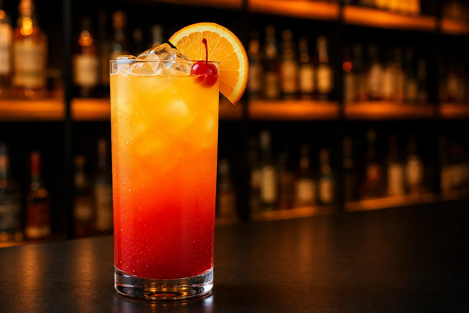 Sueños Tequila Sunrise with a red-to-orange gradient, orange, and cherry